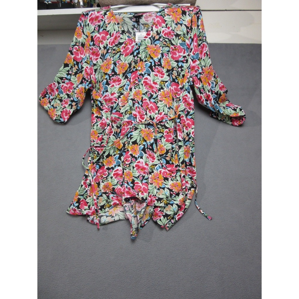 Torrid Top Womens 0 Multicolor Floral Crinkle Gauze Tunic High Low Hem V-Neck